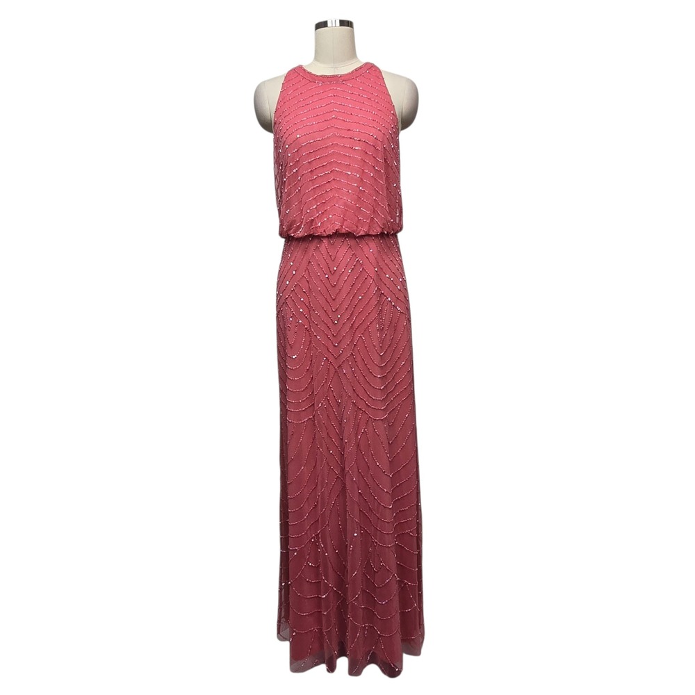 Adrianna Papell Beaded Halter Gown Sug Poppy Pink Maxi Dress 191914100 Womens 10